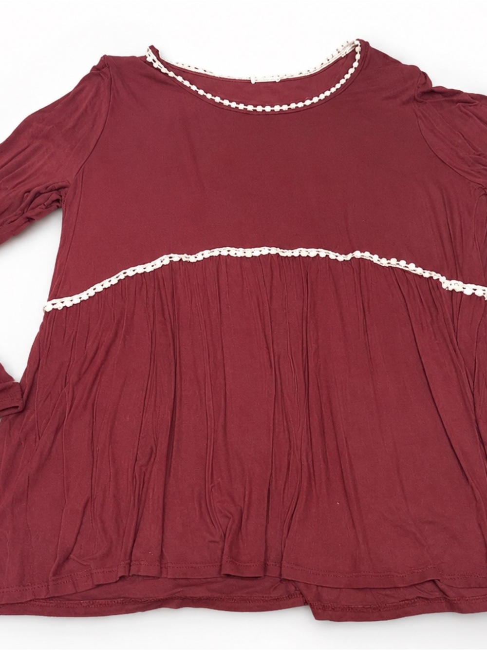 Chic Soul 2XL Burgundy Babydoll Tunic Top Long Sleeve Crochet Trim Plus Size